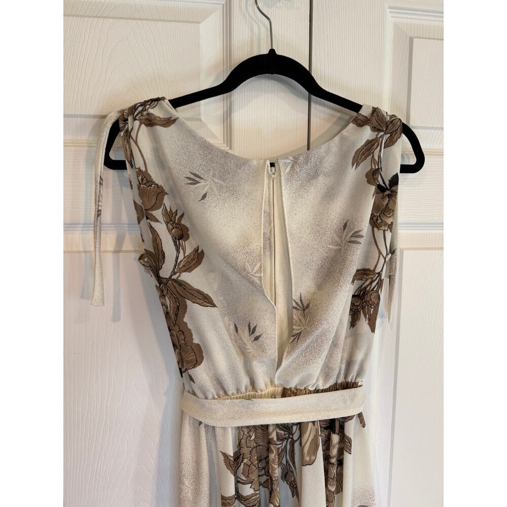 Vintage Floral Print Dress Sleeveless Tie Strap Midi Cream Brown - Picture 7 of 8